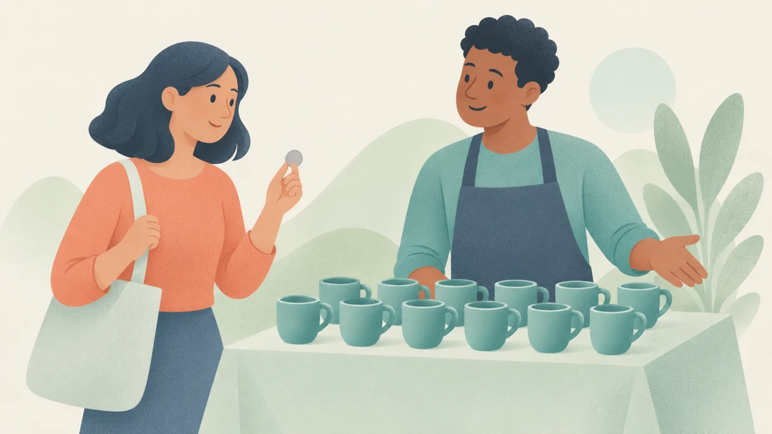 A woman holds up a single coin as a vendor presents a dozen identical teal mugs arranged neatly on a table.