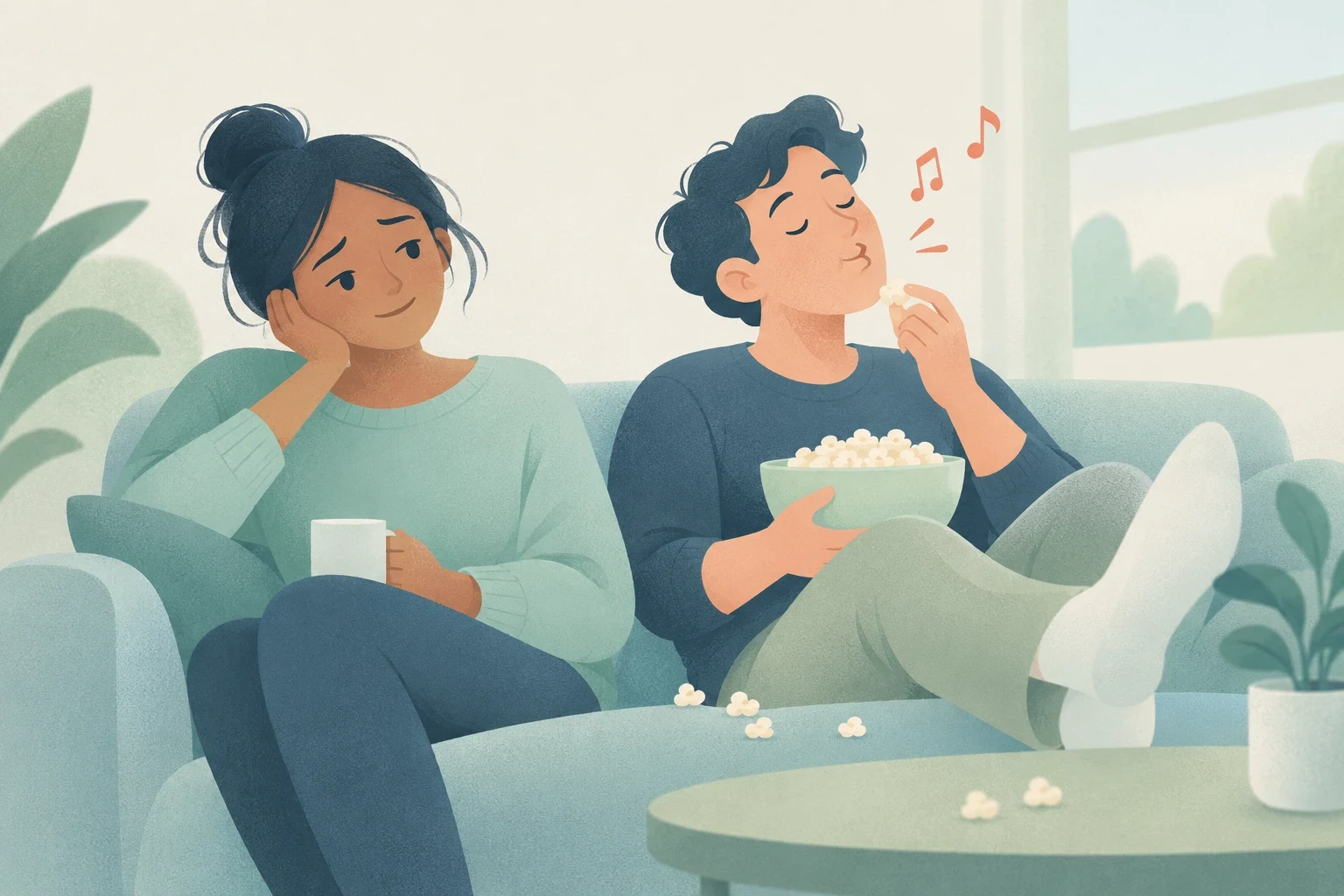 A mildly exasperated woman sits on a sofa beside a man whistling and eating popcorn, with spilled popcorn scattered on the sofa and table.