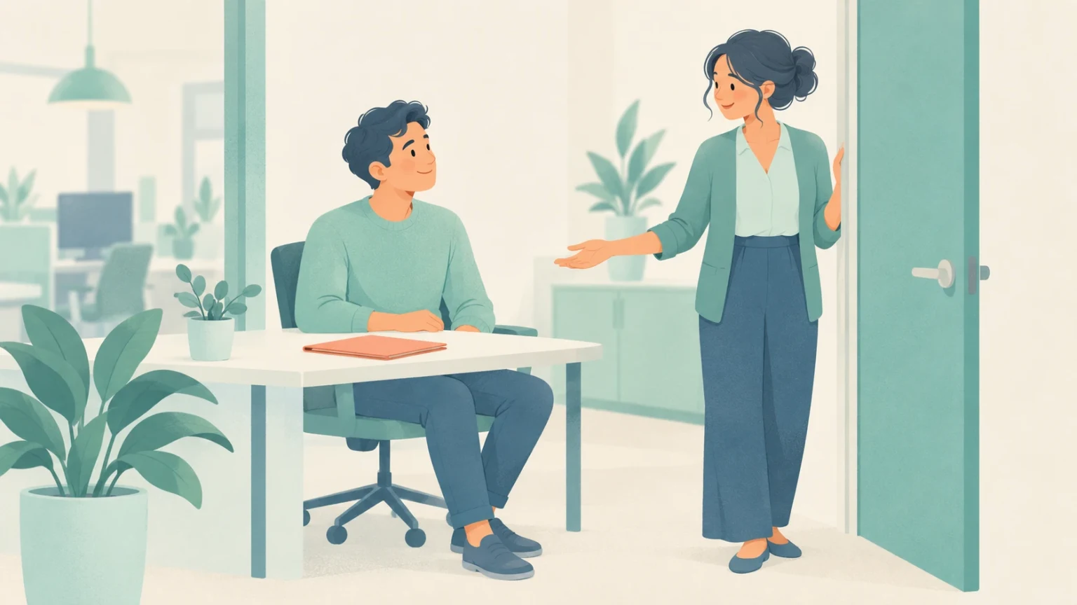 A woman standing at an open office doorway gestures toward a man seated at a desk inside.