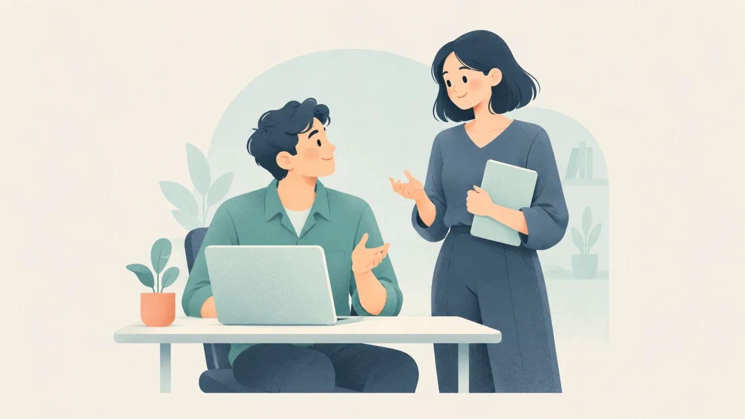 An editorial illustration of two colleagues conversing at an office desk beside a laptop.