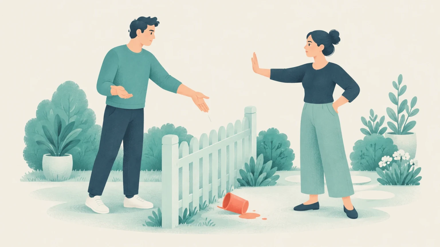 An editorial illustration of a woman holding up a hand to stop a man across a low fence, where an orange pot has been overturned.
