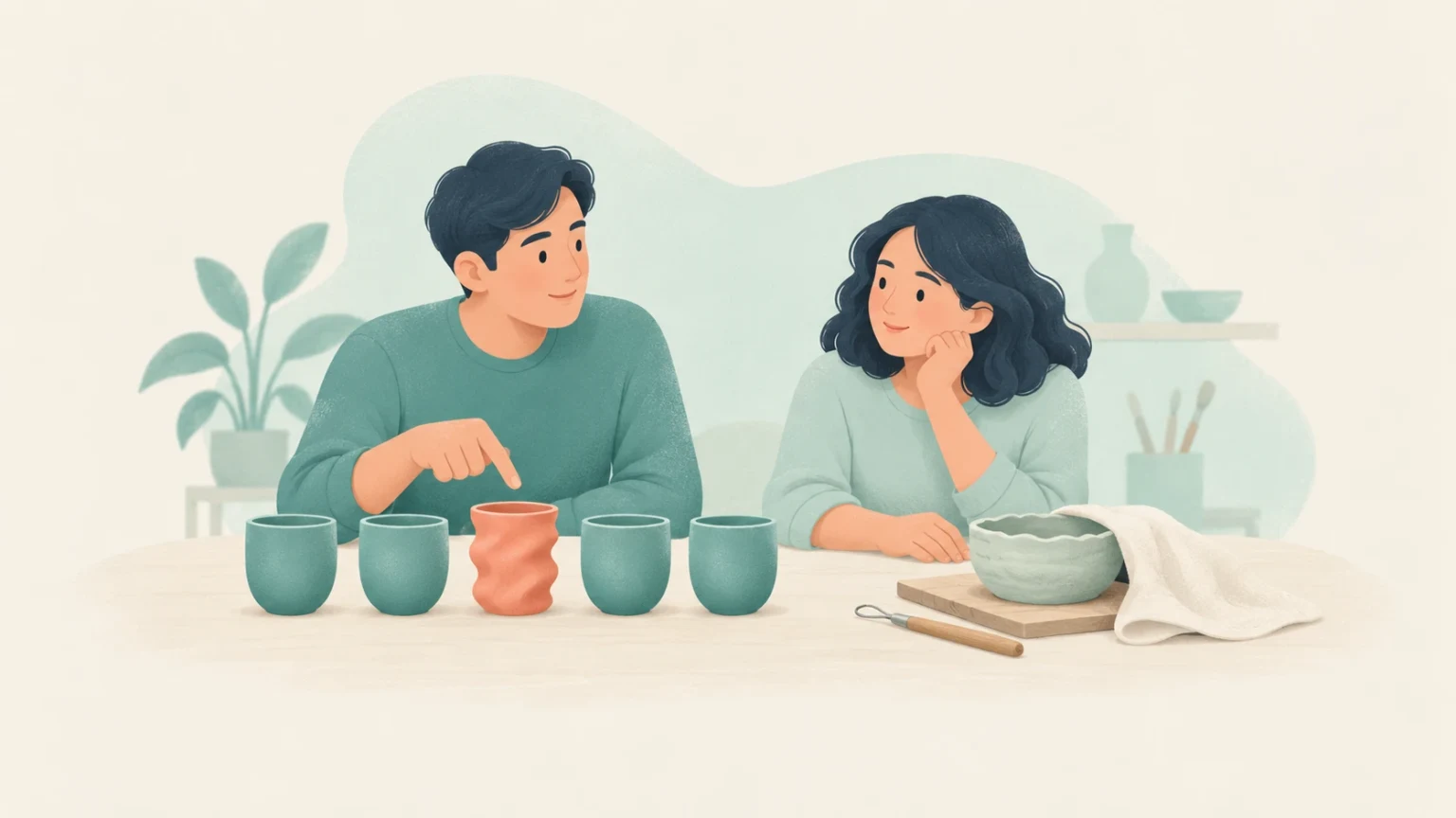 Editorial illustration of a man pointing to a twisted orange cup among uniform teal cups, beside a woman and a draped clay bowl.