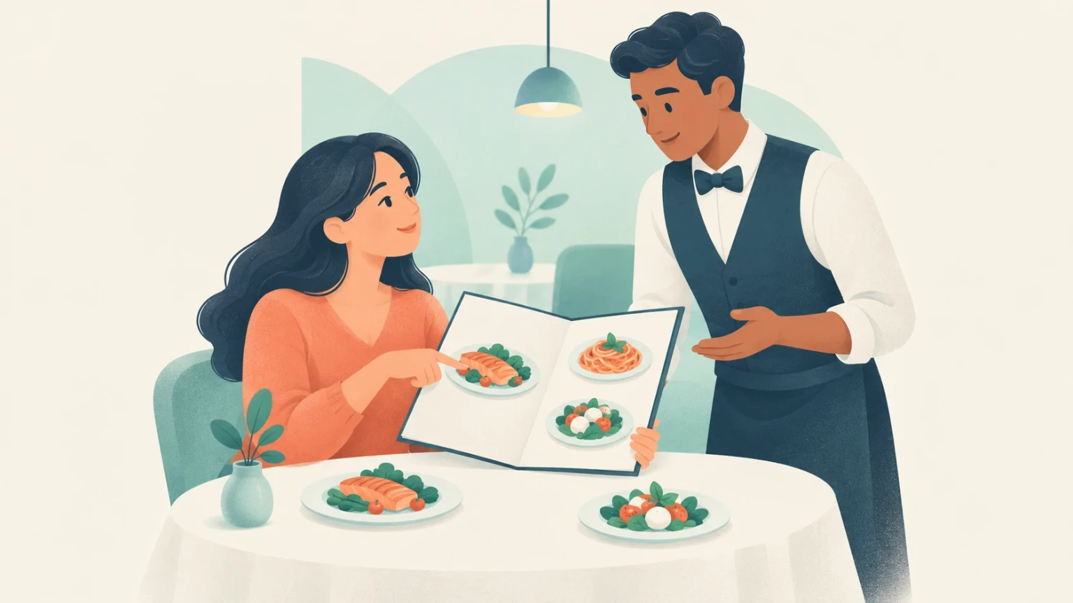 A woman seated at a restaurant table points to a dish on a menu presented by a waiter.