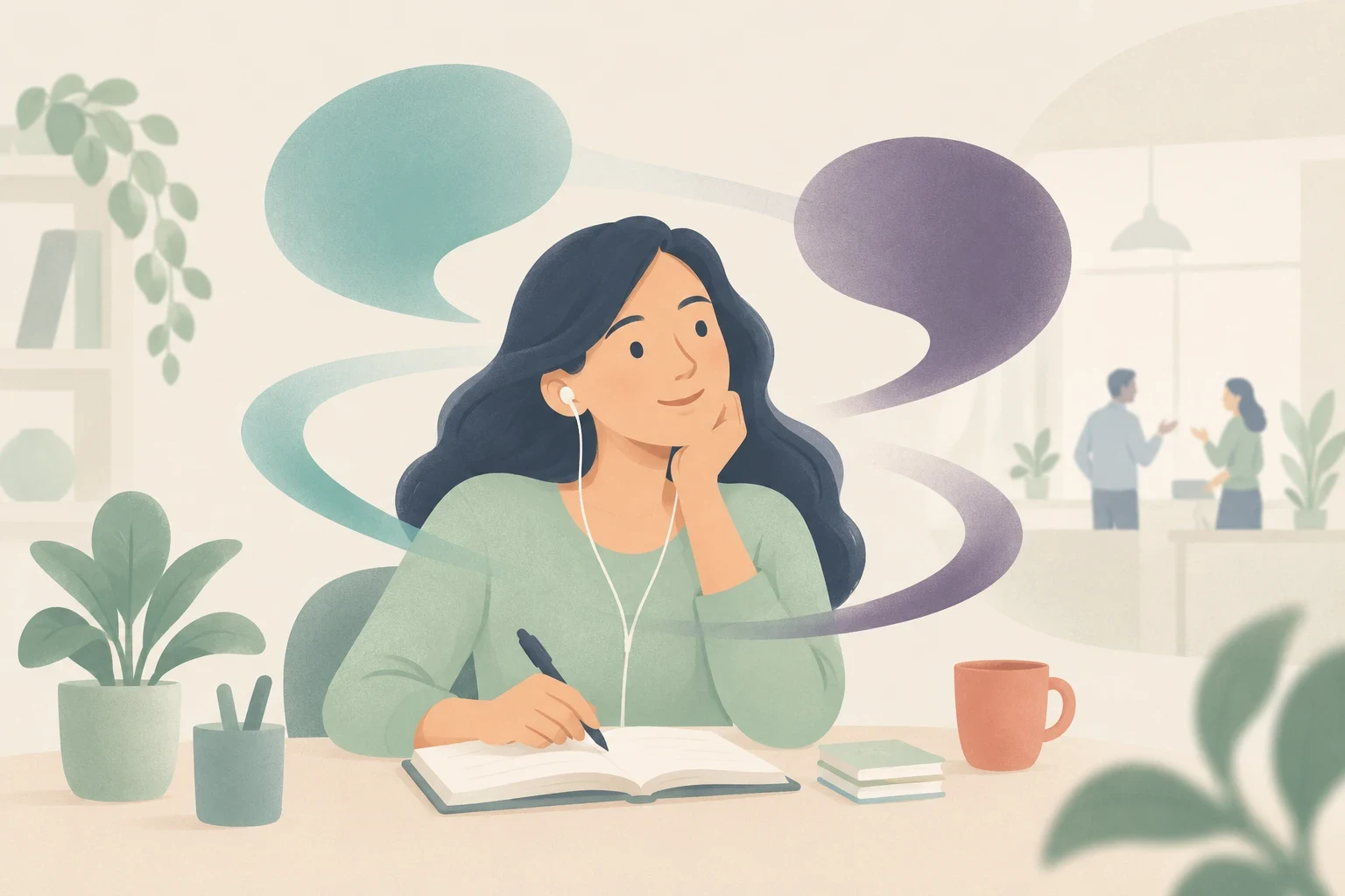 Editorial illustration of a woman wearing earphones and writing in a notebook at her desk, with floating speech bubbles and colleagues conversing in the background.