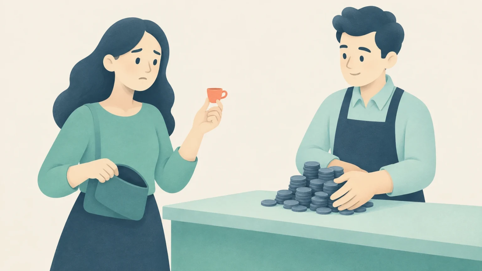 A worried customer holds a tiny orange cup and opens her purse while a smiling shopkeeper gathers a large pile of coins behind the counter.