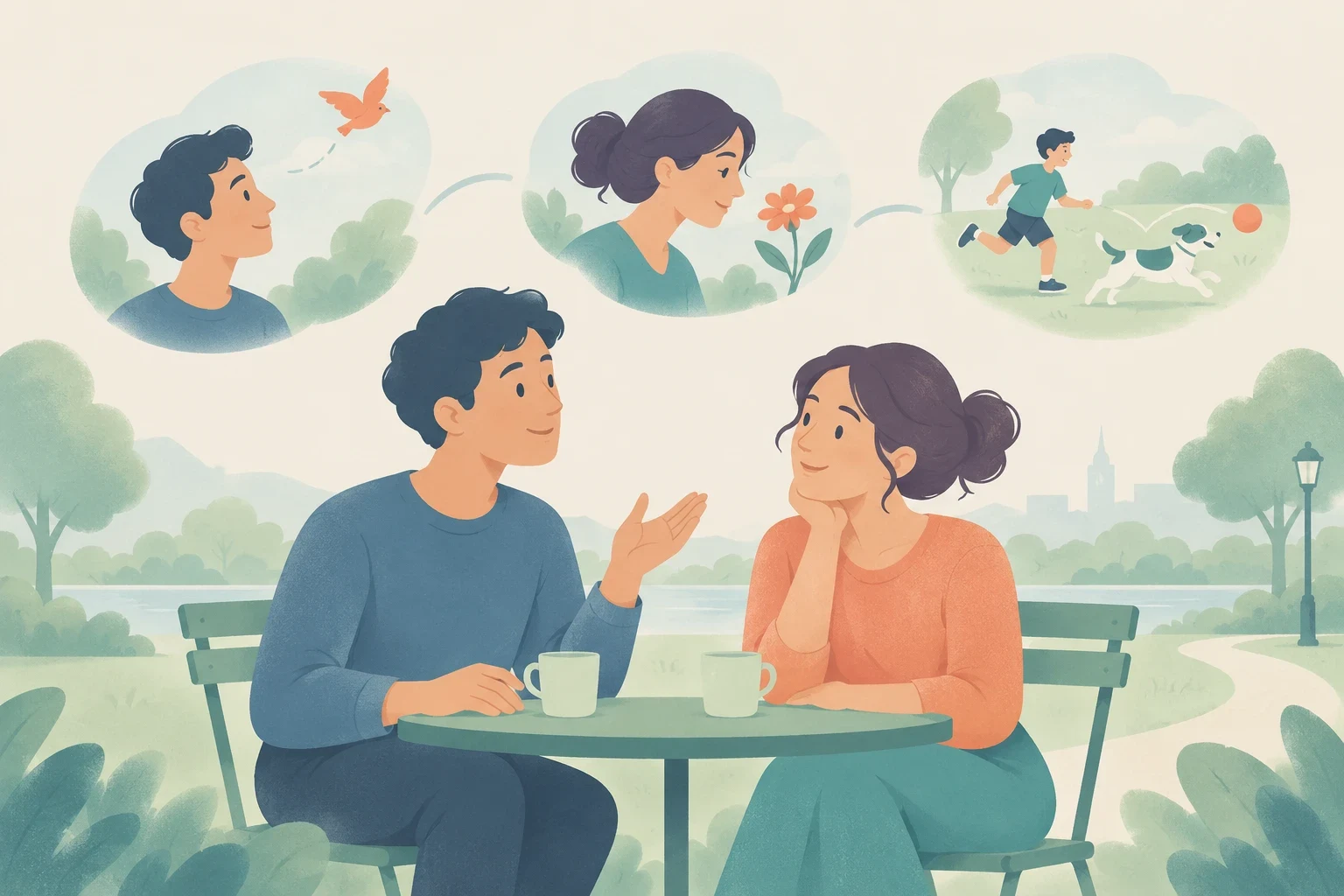 Editorial illustration of a man and woman conversing outdoors at a cafe table, with three vignettes above illustrating seeing a flying bird, looking at a flower, and watching a boy play fetch with a dog.