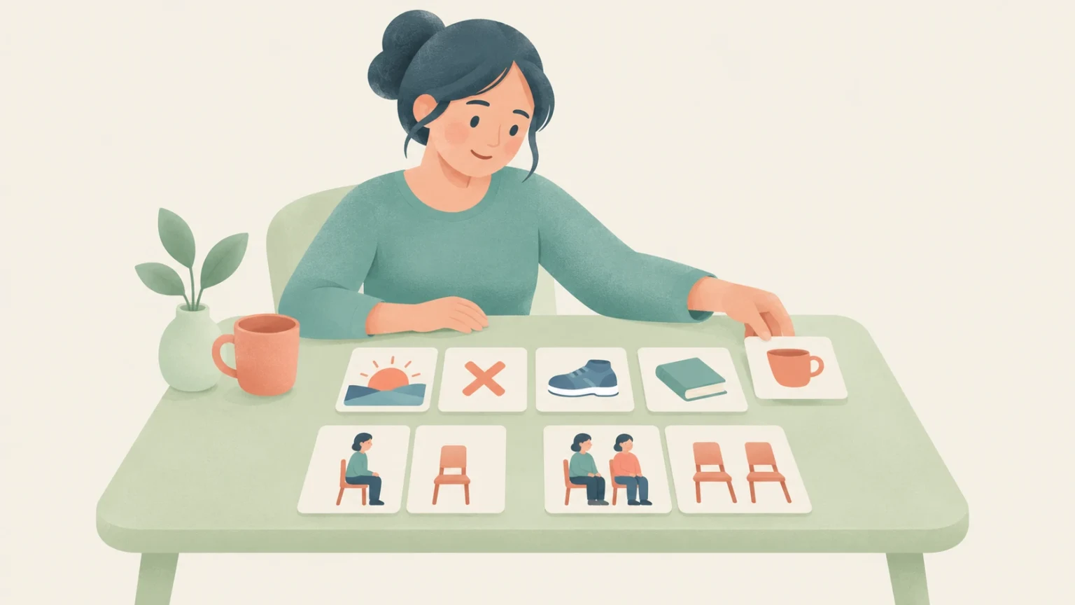A woman sits at a table arranging cards depicting grammar concepts including a cross mark, everyday objects, and occupied versus empty chairs.