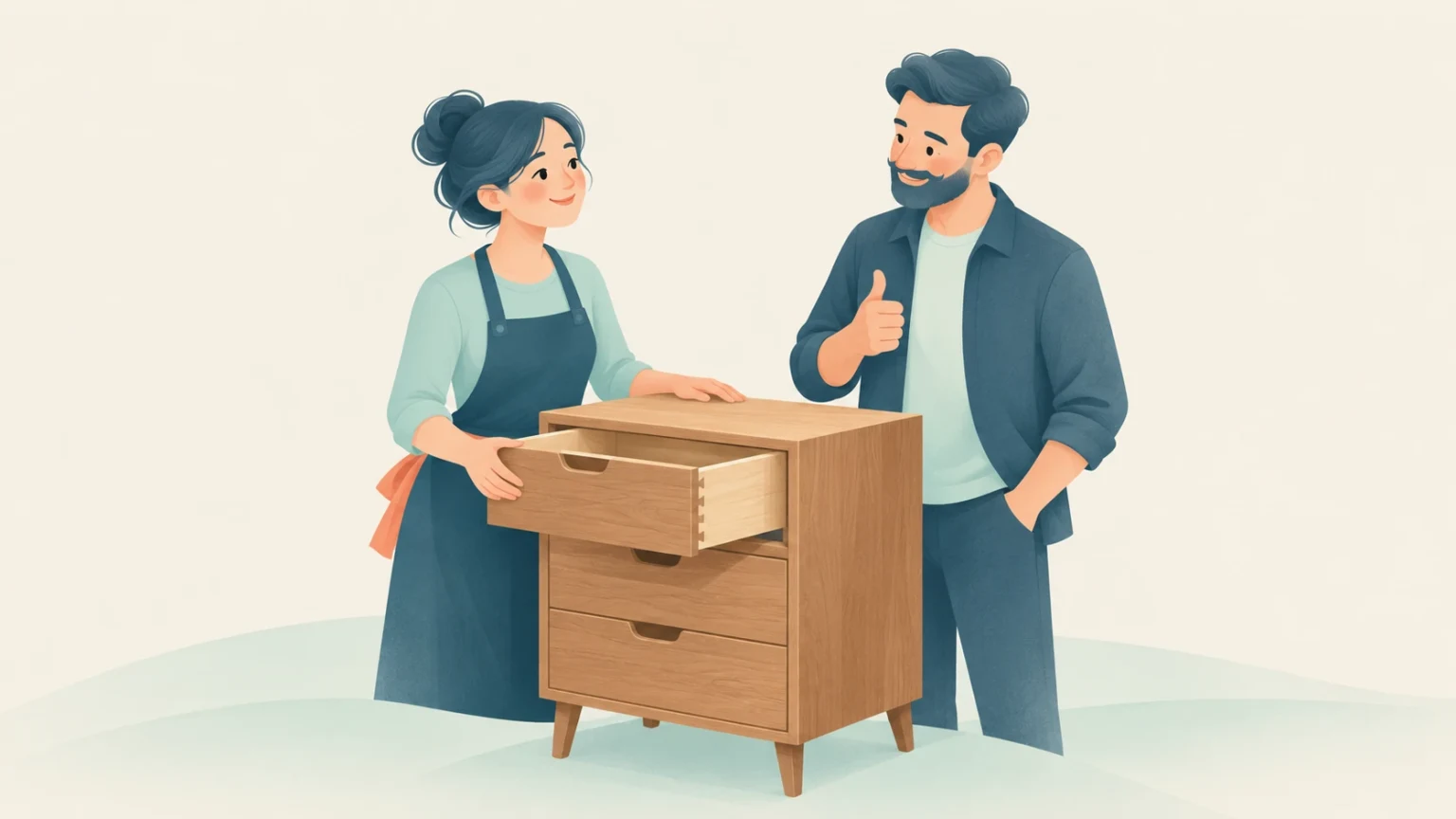 A female woodworker presents a handcrafted wooden cabinet with its top drawer open, while a man gives an approving thumbs-up.