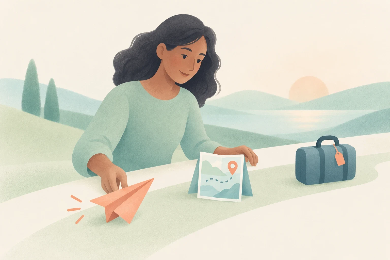 A woman plans a journey with an orange paper airplane, a miniature route map, and a blue suitcase on a winding path.