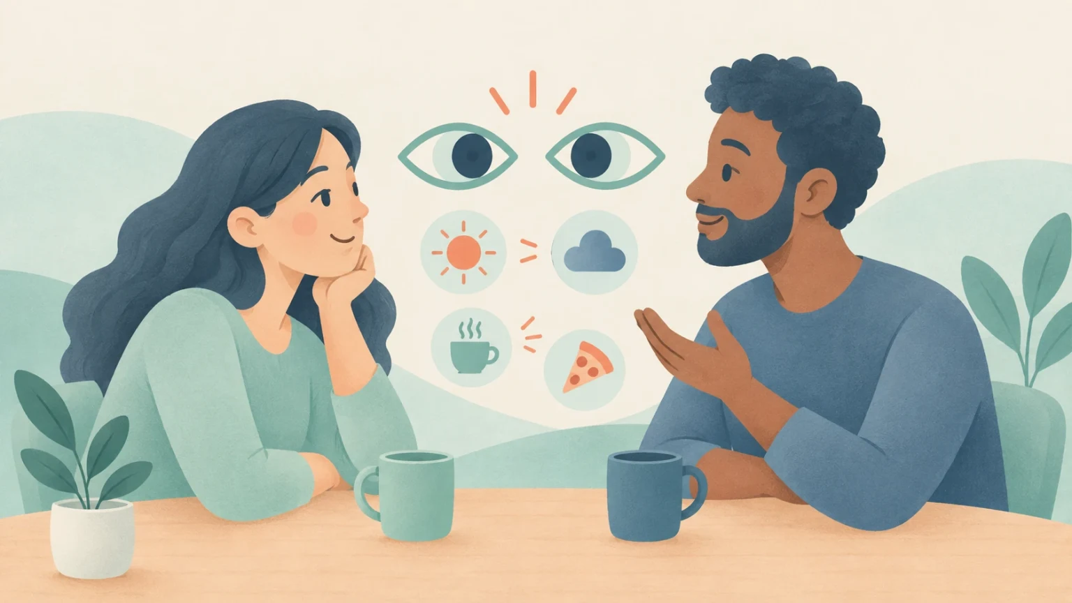 Two people converse over mugs at a table, with eye symbols and icons of sunshine, a cloud, coffee, and pizza suggesting shared or differing opinions.