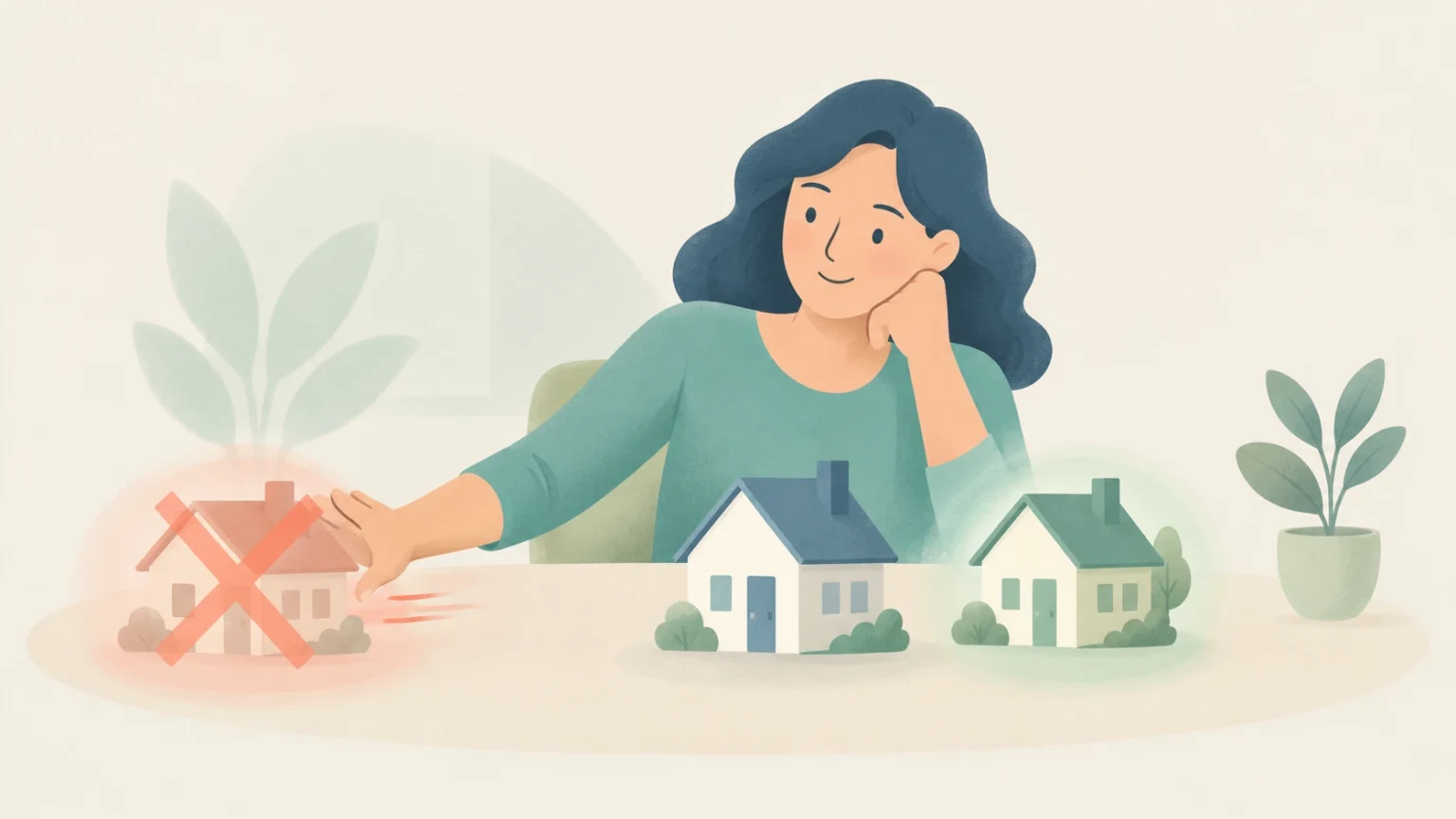 A woman considers three model houses, pushing away one marked with a large coral X while two other houses remain as options.