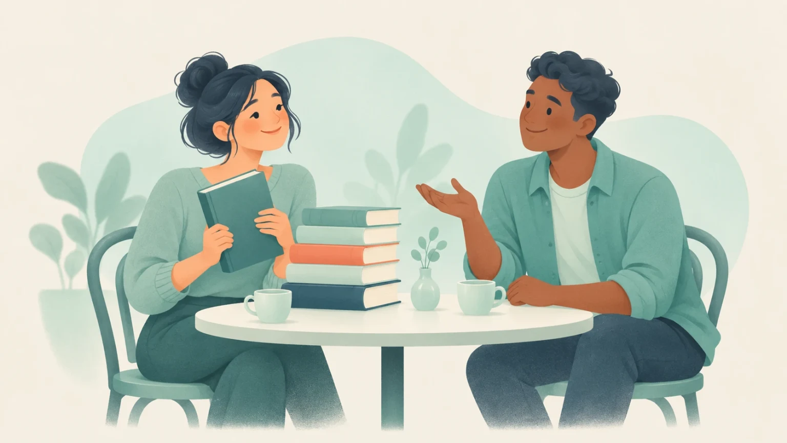 Editorial illustration of a woman and a man sitting at a cafe table with a stack of books and mugs, engaged in friendly conversation.