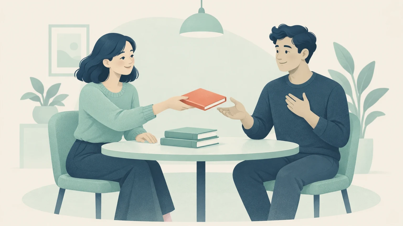 A woman sitting at a table hands an orange book to a smiling man seated across from her.
