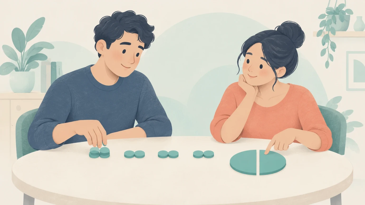 A man arranging pairs of tokens and a woman pointing to two halves of a circle at a table.