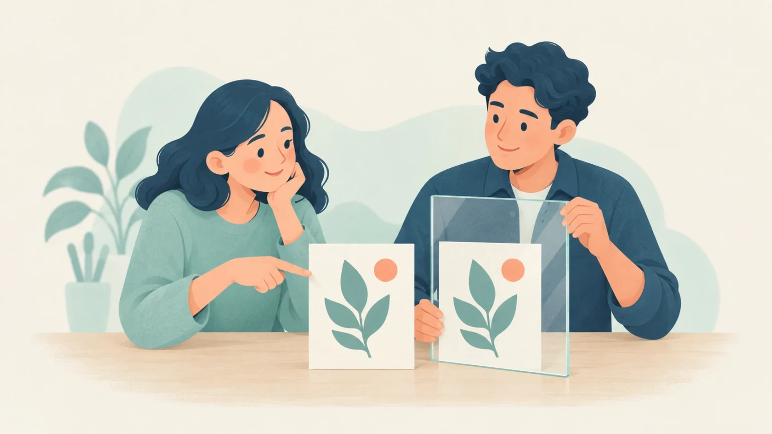 A woman and a man sit at a table with two identical botanical prints, one viewed clearly through a transparent glass pane.