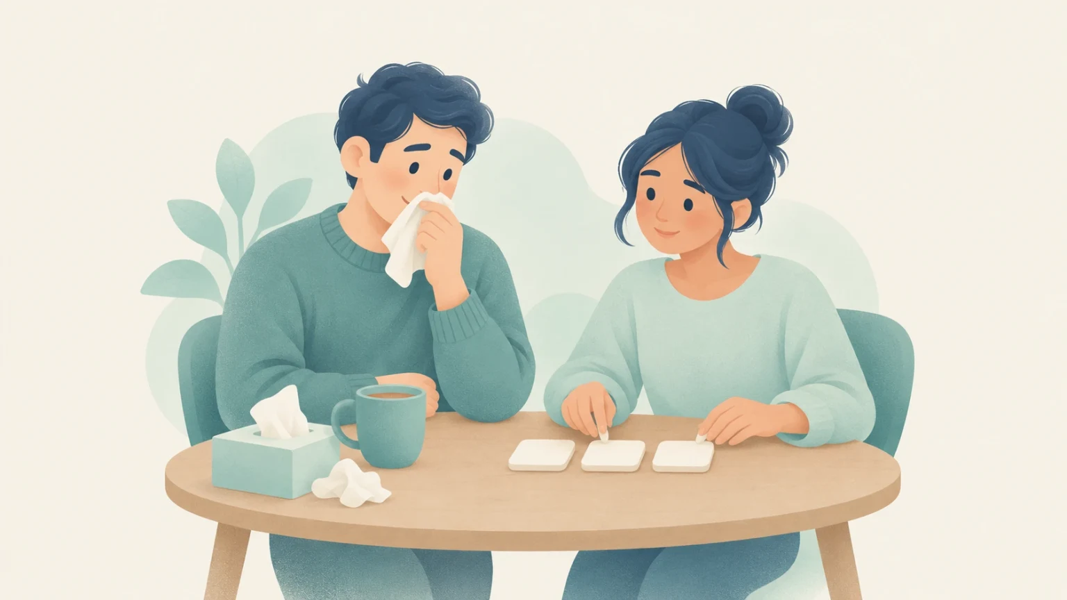 An editorial illustration of a man with a cold holding a tissue to his face seated at a table beside a woman with cards, a warm mug, and a tissue box.