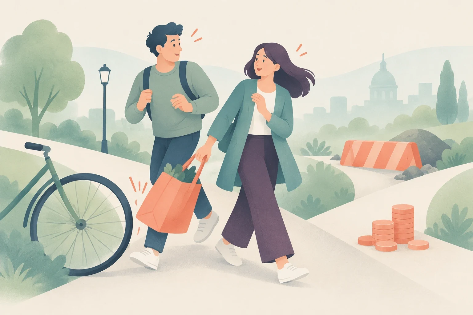 Two people exchange surprised smiles on a park path, with a bicycle at left, an orange grocery bag between them, and a road barrier and coin stacks at right.