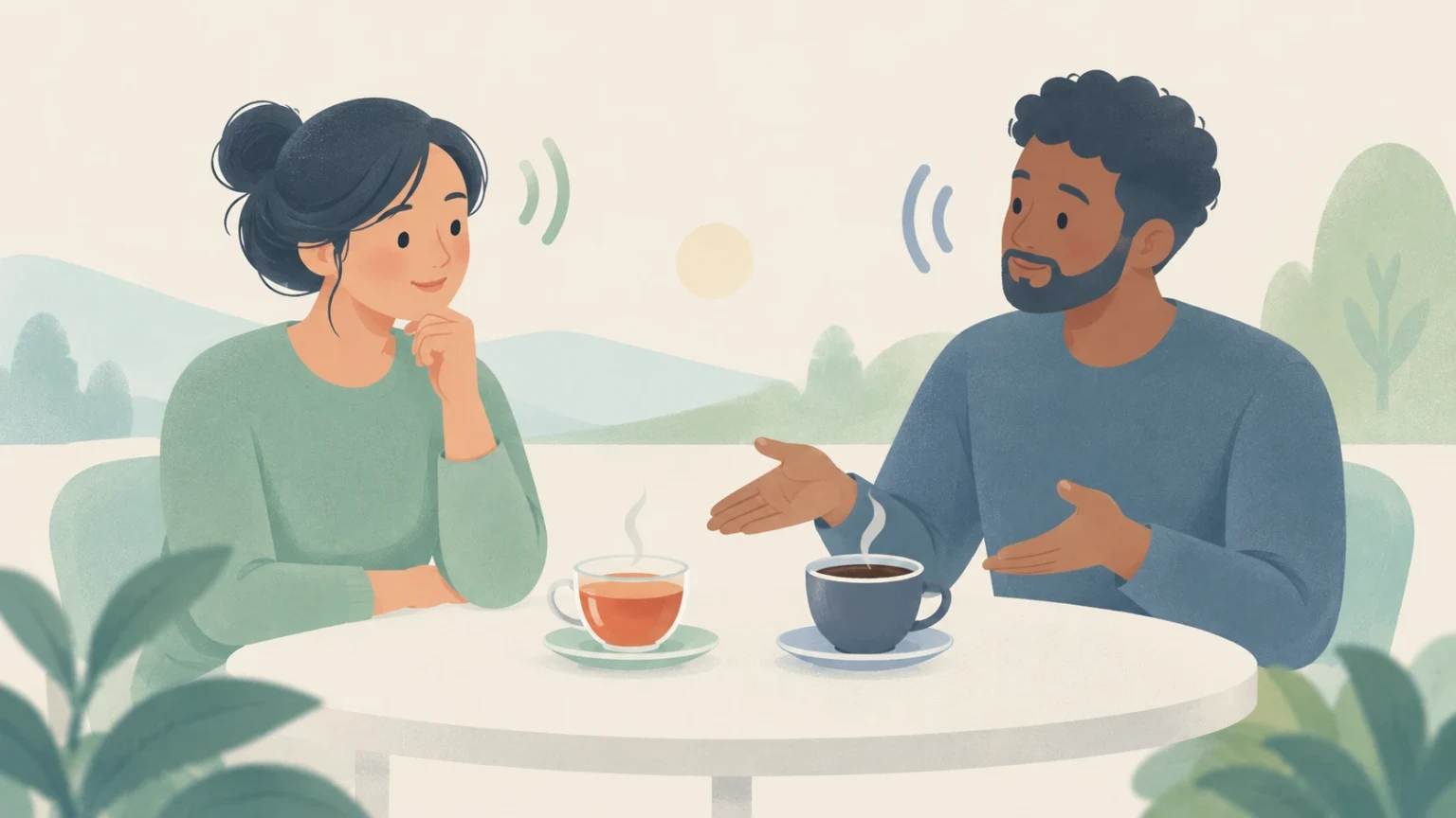 A man and a woman sit at a cafe table with cups of tea and coffee, gesturing and speaking to each other.