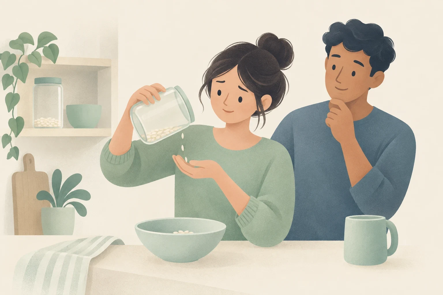 A woman tips a nearly empty jar of grains toward her palm above a bowl while a man looks on in a softly illustrated kitchen.