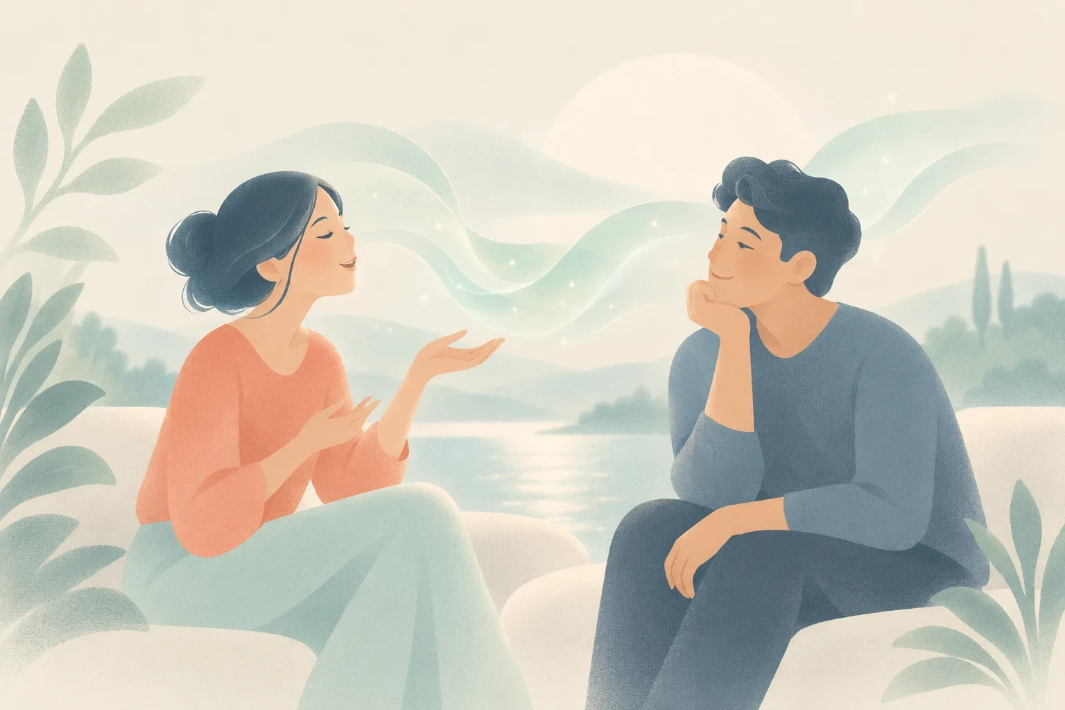 An editorial illustration of a woman speaking with an ethereal glowing stream of light flowing toward an attentive man by a lake.