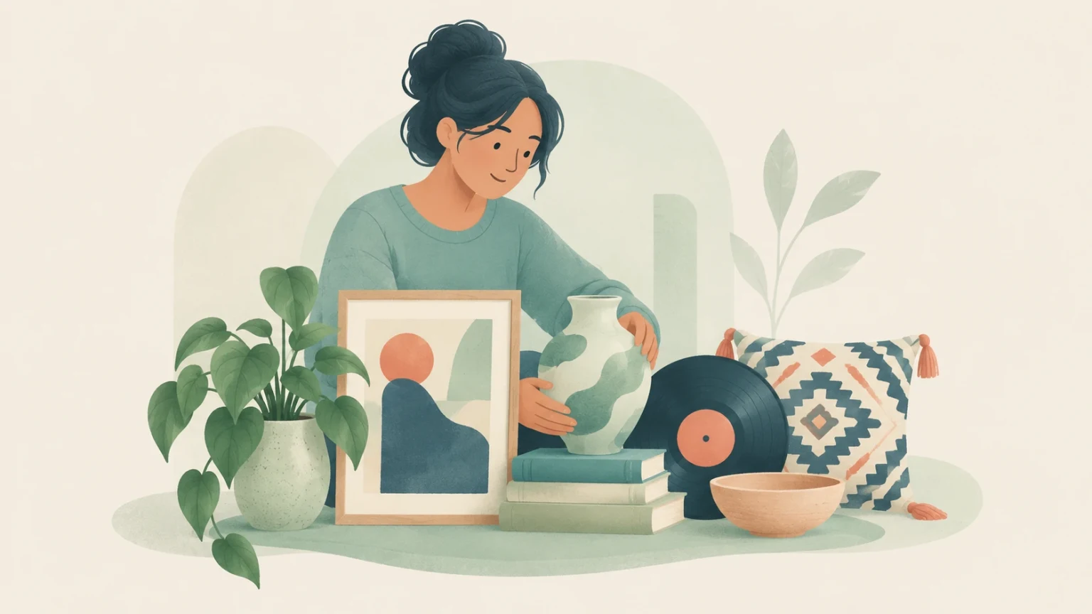 An editorial illustration of a woman arranging an eclectic collection of items including a potted plant, framed art, a ceramic vase on books, a vinyl record, and a patterned pillow.