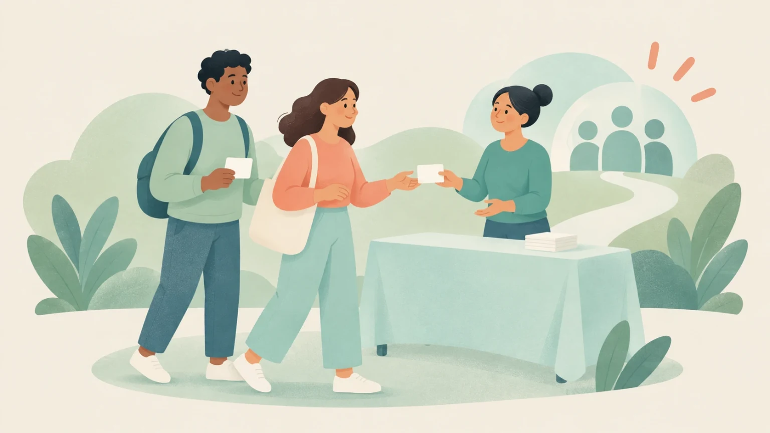 Two visitors exchange a blank card with an organiser at a registration table, surrounded by stylised greenery and a community symbol.