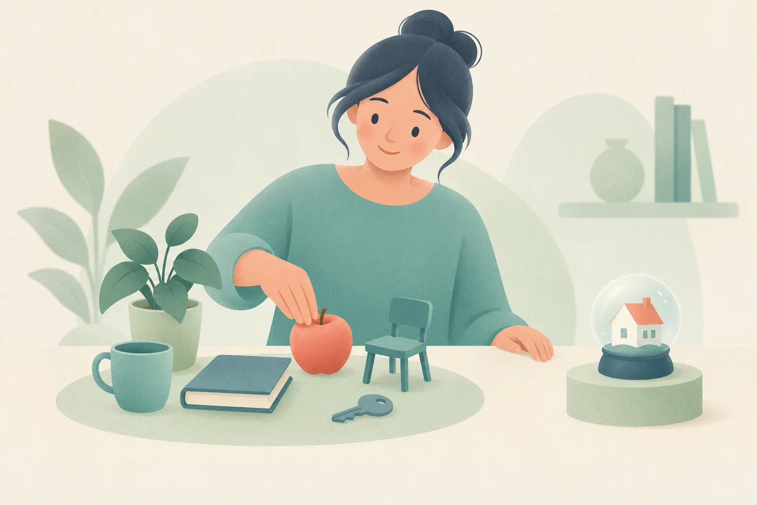 An editorial illustration of a woman seated at a desk with common objects: an apple, mug, book, key, and miniature chair.