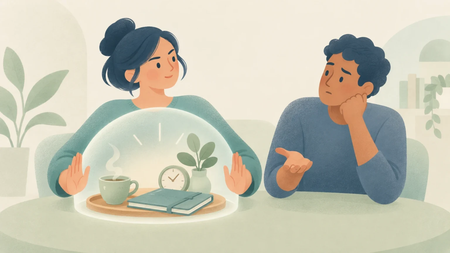 A woman protectively shields a coffee cup, journal, and clock under a glowing glass dome from an inquiring man sitting across the table.
