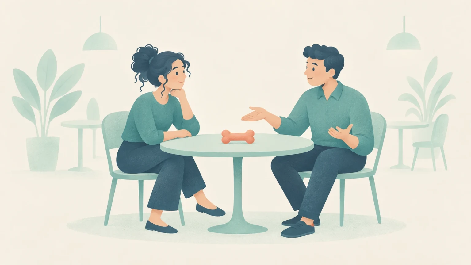 An editorial illustration of a man and a woman sitting at a cafe table calmly discussing a small bone placed between them.