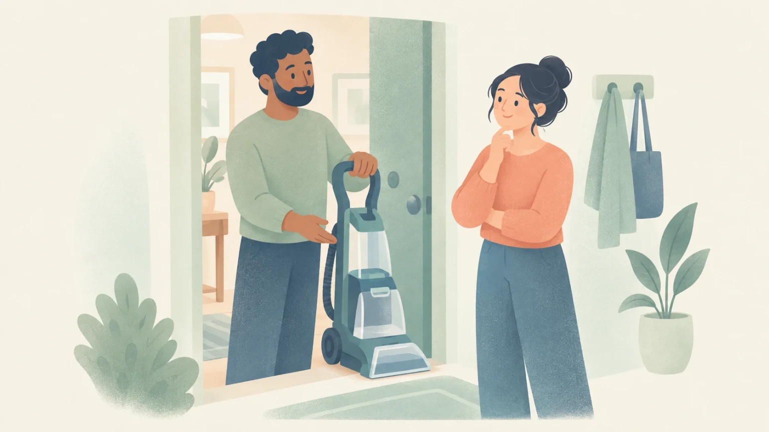 A man stands in an open doorway holding a borrowed carpet cleaner while talking to a thoughtful neighbor.