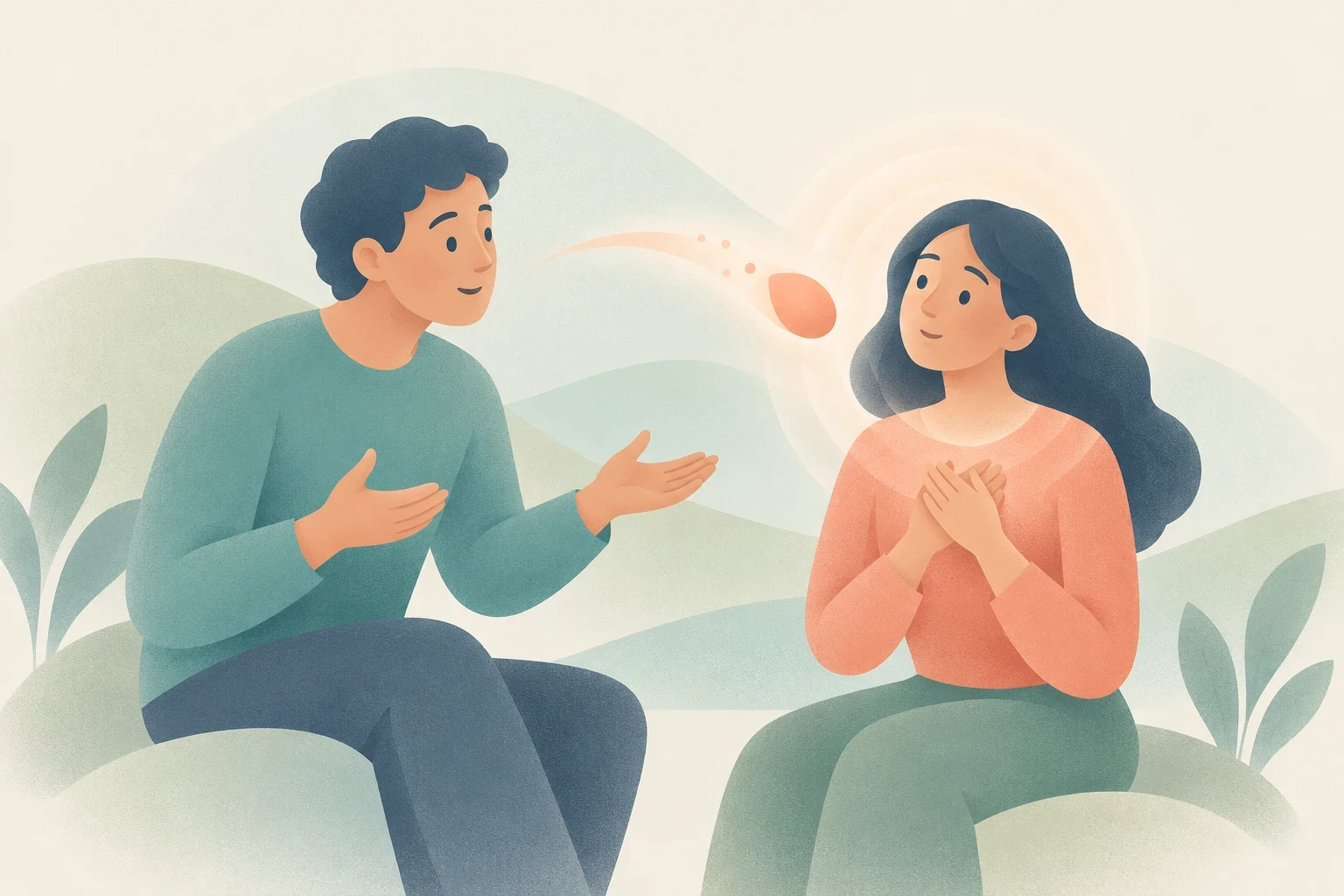 A seated man gestures while speaking to a woman holding her hands to her chest, with a glowing shape between them suggesting understanding dawning.