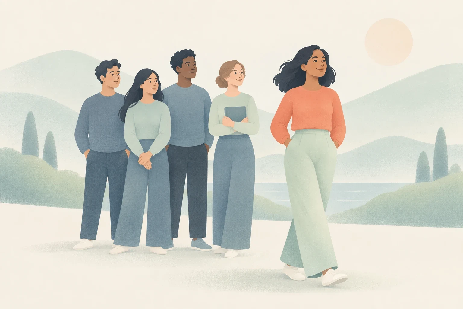 A woman in a bright coral sweater stands out as she walks ahead of four people dressed in muted blue tones in a landscape.