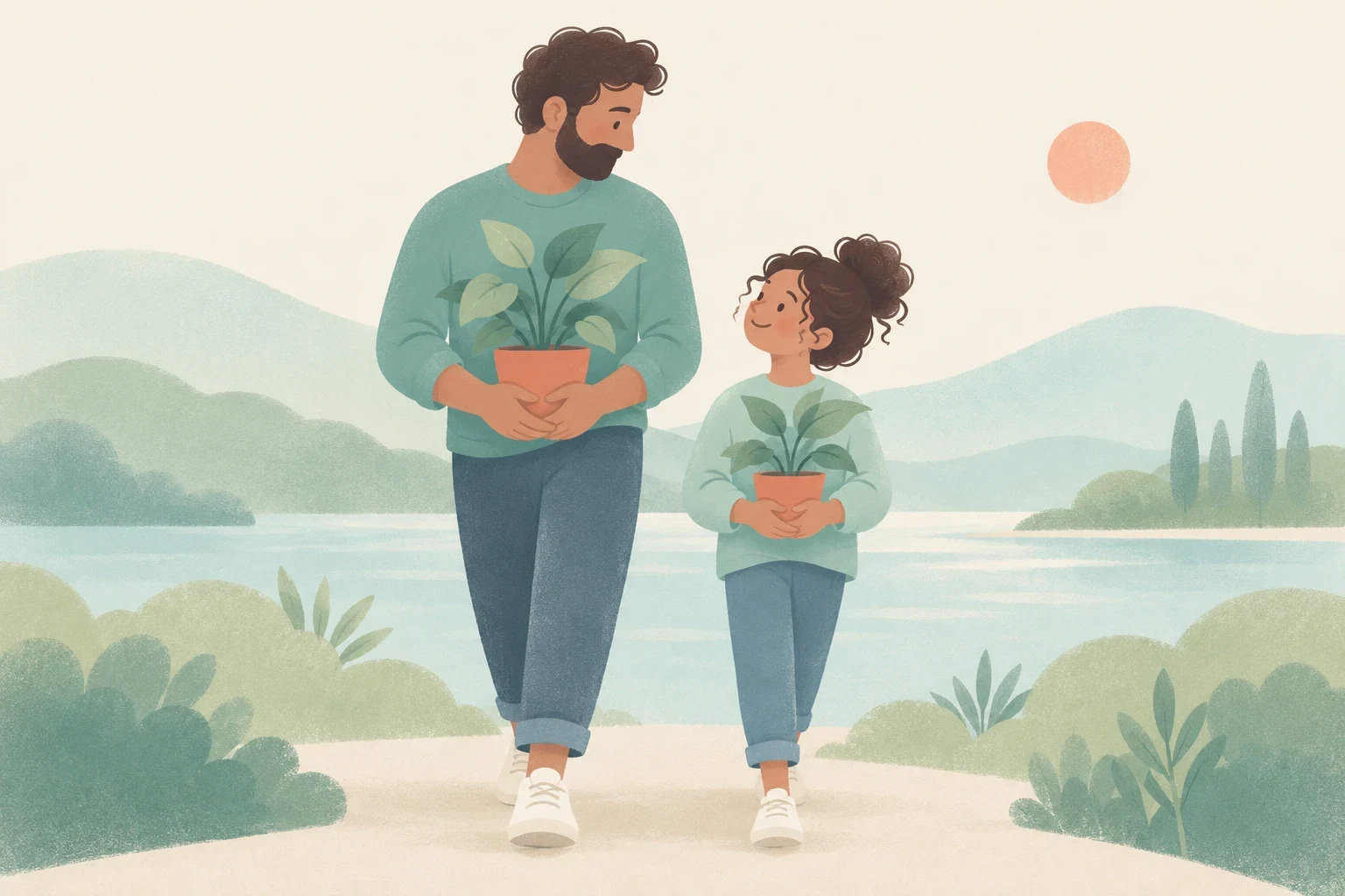 An editorial illustration of a father and young daughter with matching curly hair and outfits walking together outdoors, each holding a potted plant.