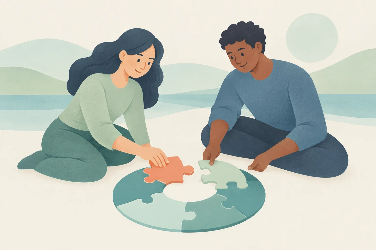 Two people sit together placing large colorful pieces into a circular jigsaw puzzle, illustrating participation in a shared activity.