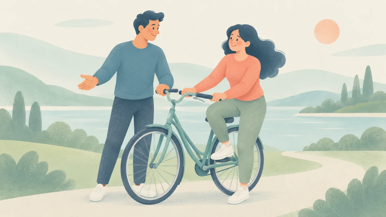 A man gestures while talking to a woman seated on a bicycle beside a lake, illustrated in soft pastel colors.