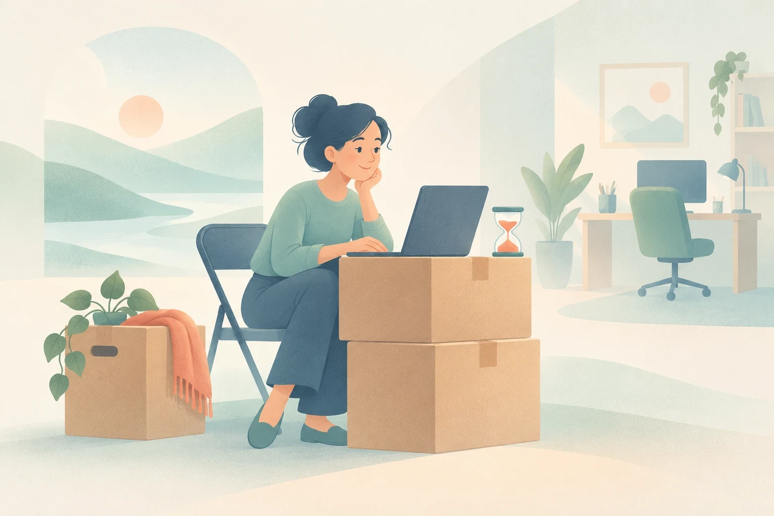 A woman sits on a folding chair using stacked cardboard boxes as a makeshift desk with a laptop and hourglass in a bright room.