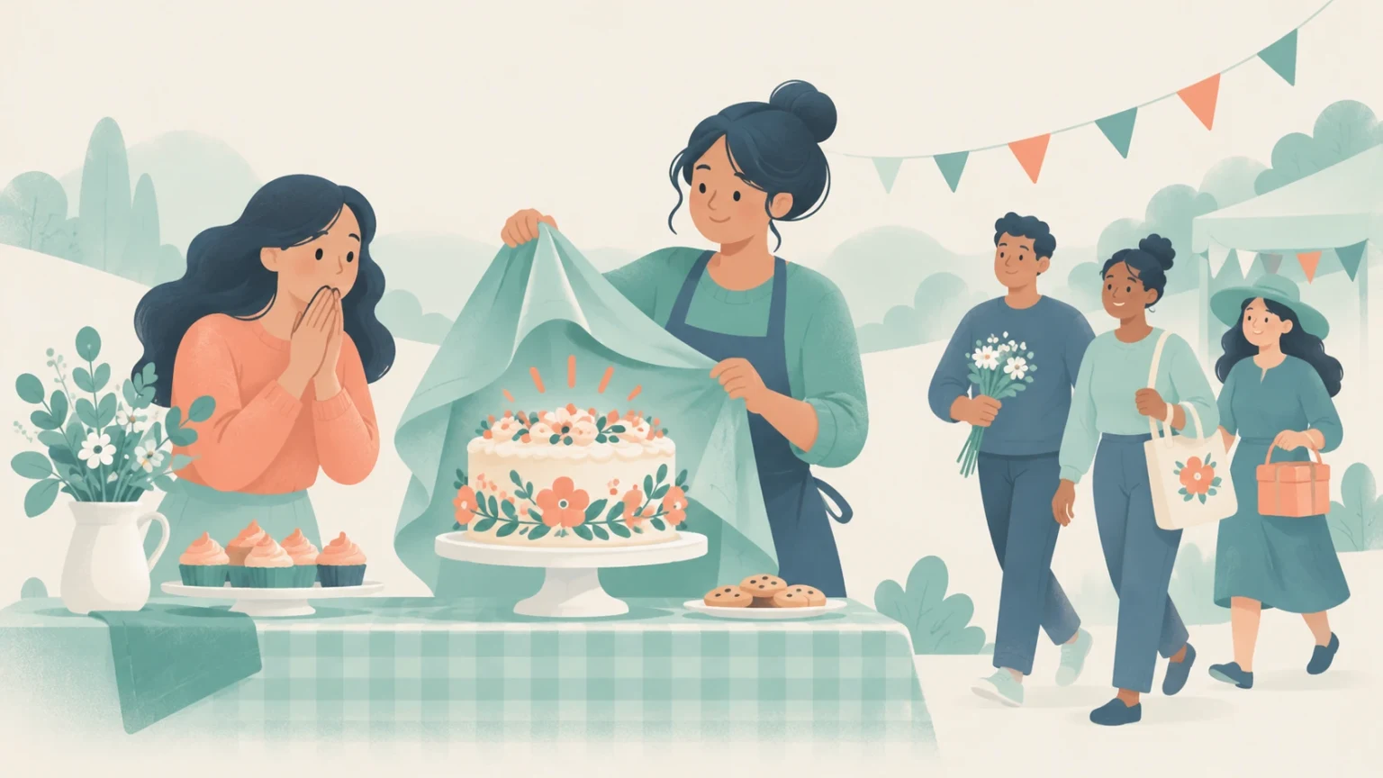 A woman unveils a floral cake as another reacts with delight, while three guests arrive at an outdoor gathering with flowers, a tote bag, and a gift.
