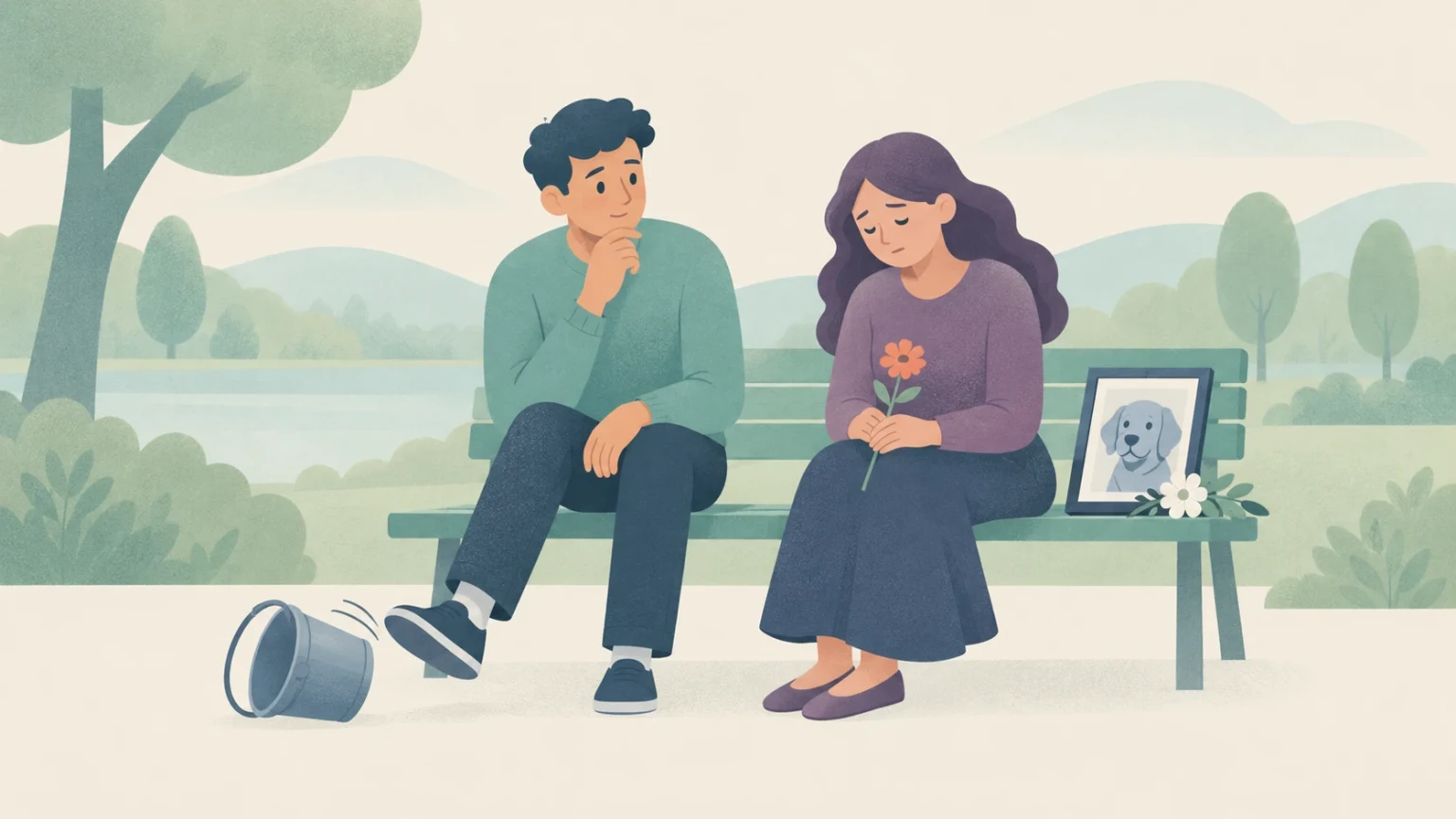 An editorial illustration of a sad woman holding a flower on a bench beside a dog's memorial photo, while a man next to her kicks a bucket.