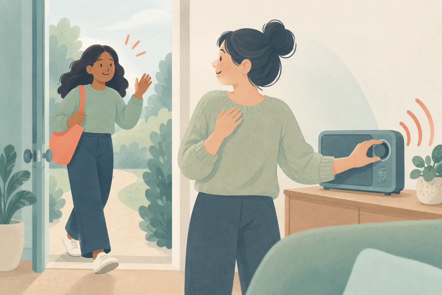 A woman inside a room turns up a radio dial while another woman arrives at the open doorway and waves.
