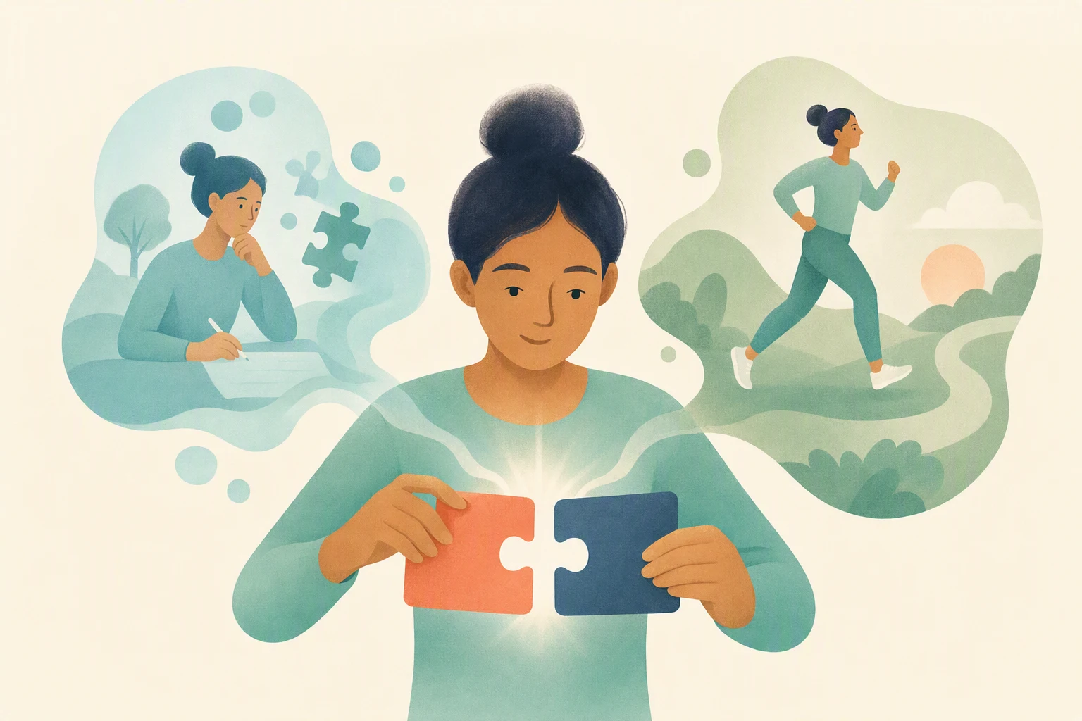 A woman brings two puzzle pieces together, with scenes of her thinking over a worksheet and jogging outdoors behind her.