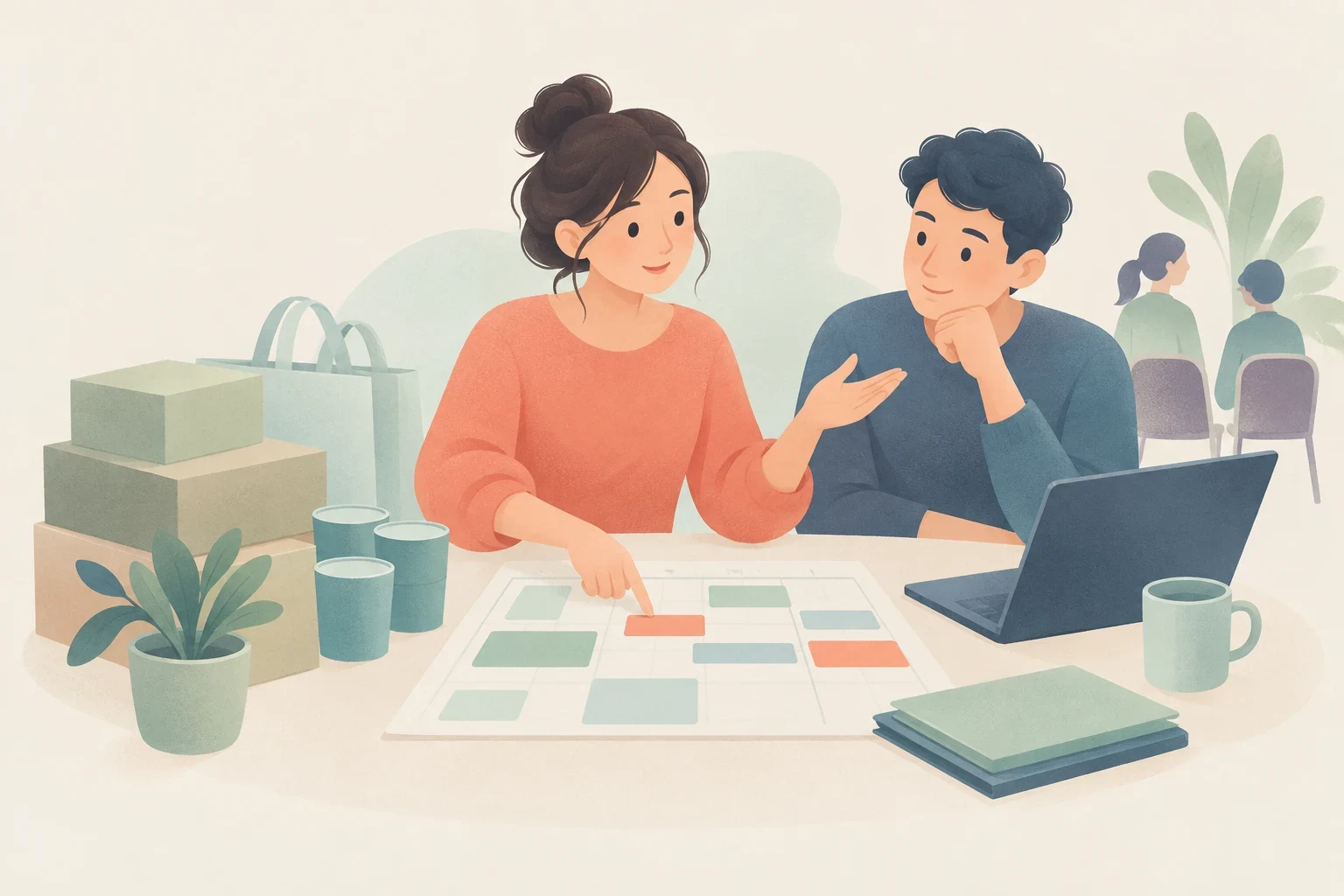 Two colleagues at a desk coordinate logistics, reviewing a color-coded schedule surrounded by stacked boxes, supplies, and a laptop.