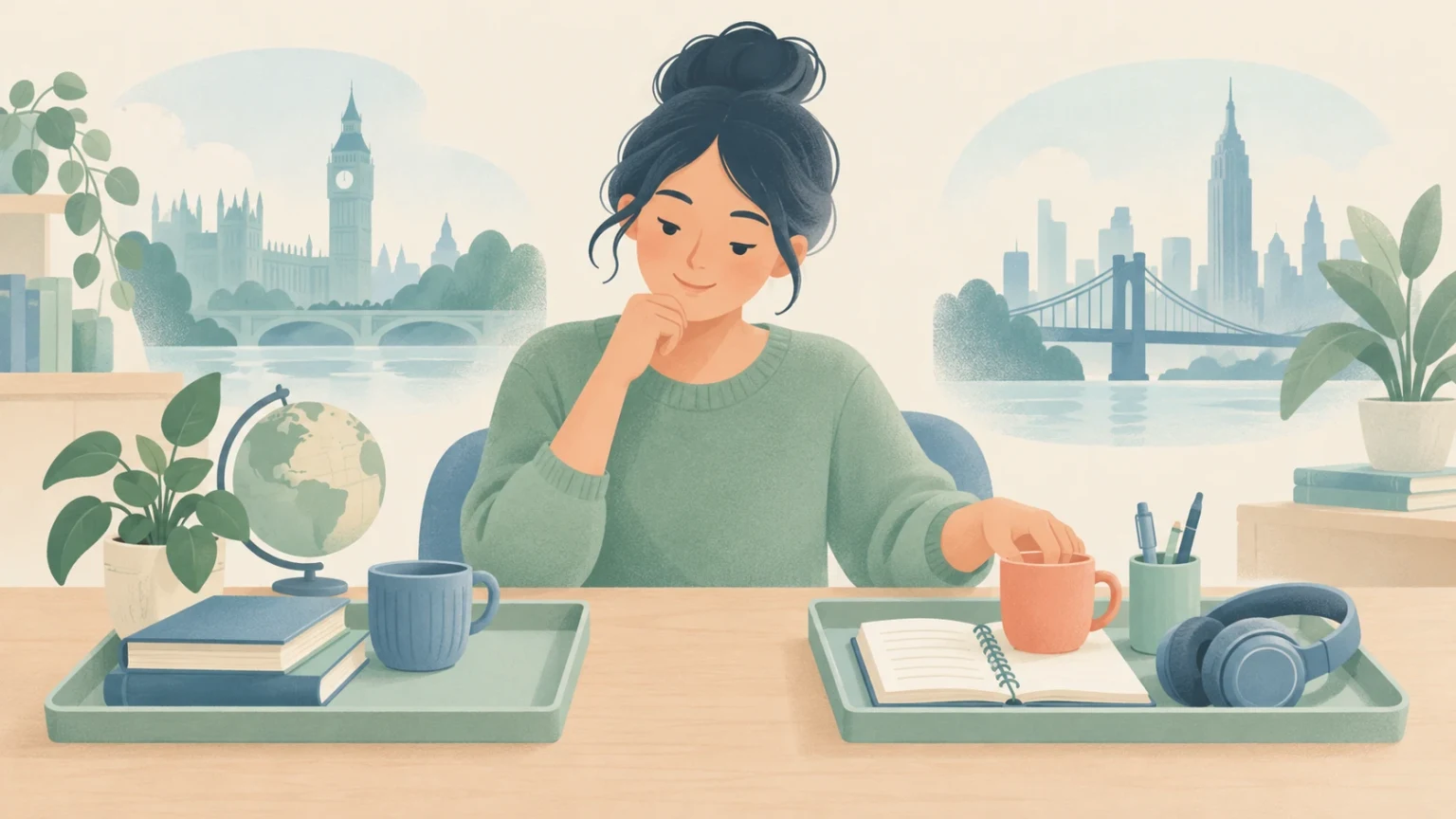 An editorial illustration of a woman studying at a desk between vignettes of London and New York City.