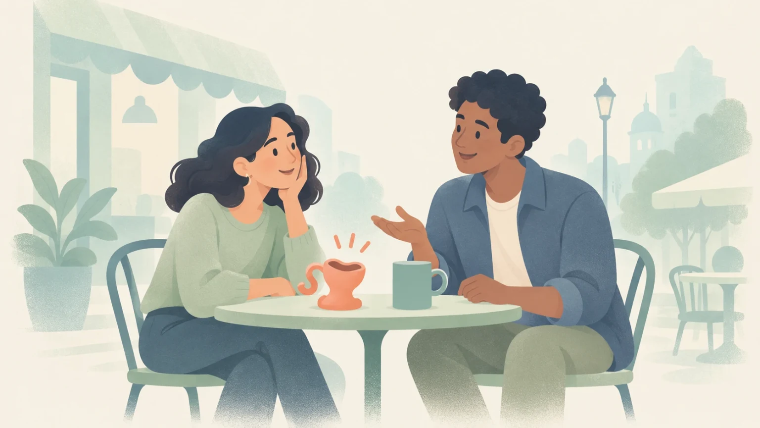A man and a woman chatting over coffee at an outdoor cafe table in a friendly conversation.