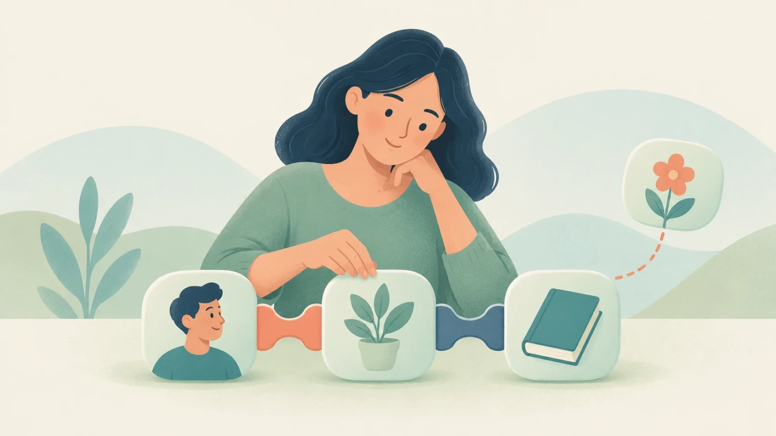An editorial illustration of a woman connecting cards depicting a person, a plant, and a book with puzzle-piece connectors.