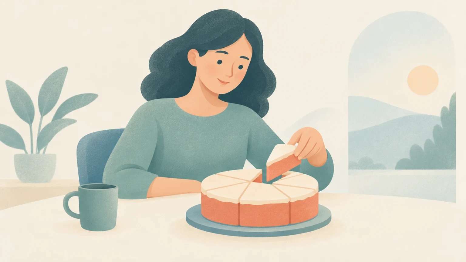 Editorial illustration of a smiling woman sitting at a table lifting a slice from a round cake next to a mug.