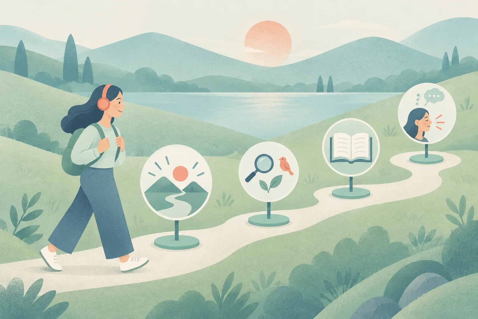 An editorial illustration of a person with headphones walking a winding path with four signs representing a listening routine: landscape overview, magnifying glass, open book, and spoken recall.