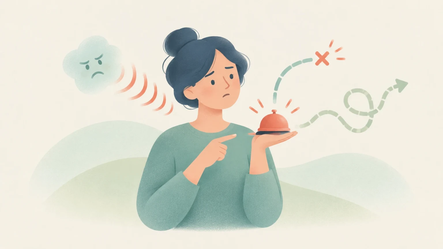A worried woman holds a coral service bell and points toward it, surrounded by a frowning cloud, sound waves, and winding dashed arrows.