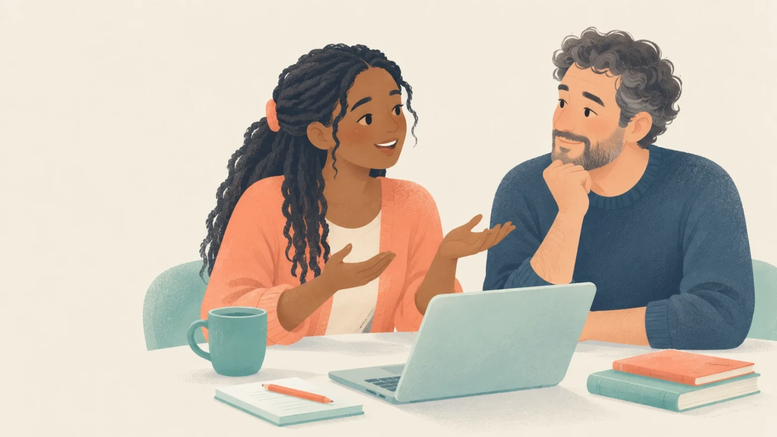 An editorial illustration of a woman explaining grammar rules to a man at a table with an open laptop, notepad, and books.