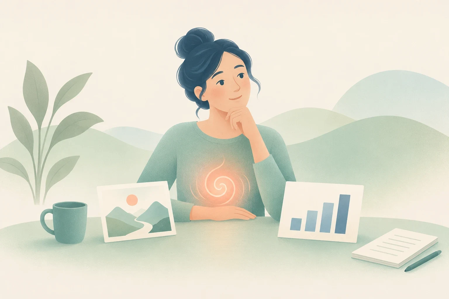 An editorial illustration of a thoughtful woman at a desk with a glowing spiral on her torso, comparing a landscape card with a data chart.