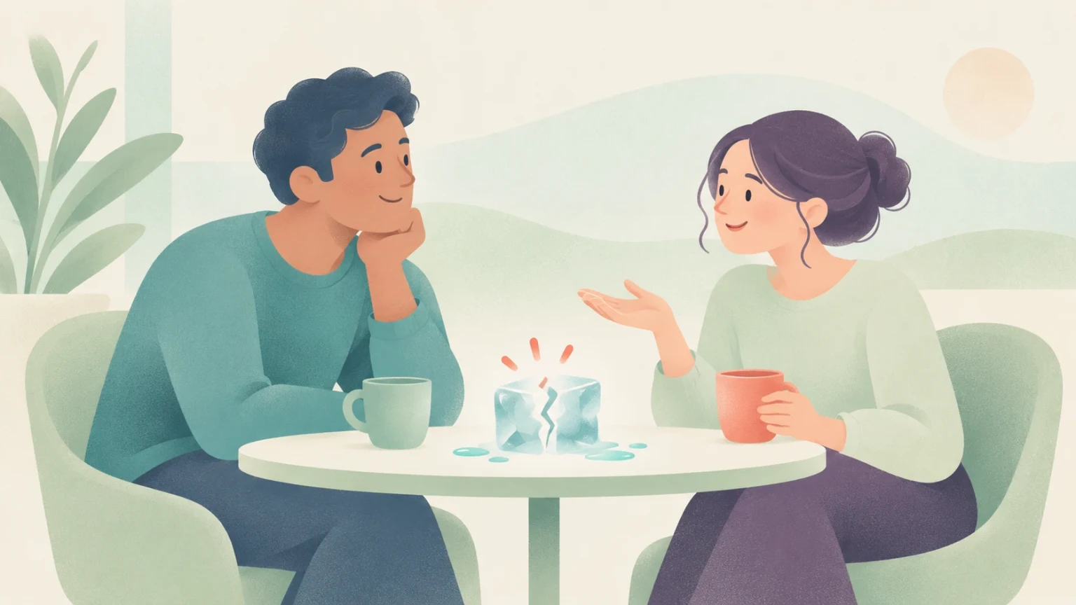 Editorial illustration of a man and a woman sitting at a table with coffee cups, having a friendly conversation as a block of ice between them cracks.